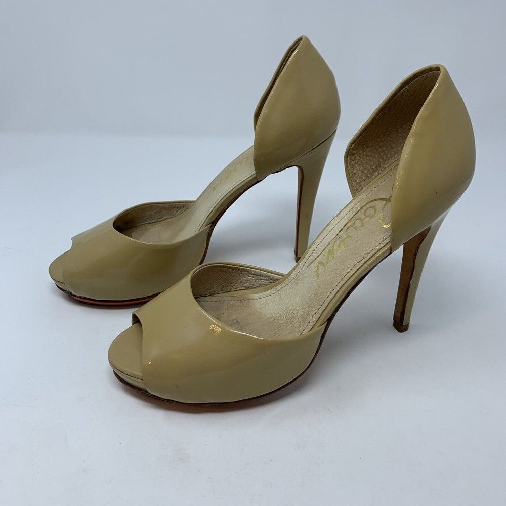 Rowen Platform Stiletto Heel 7.5 Patent Leather Nude Beige 4 1/2" Peep Toe Pump